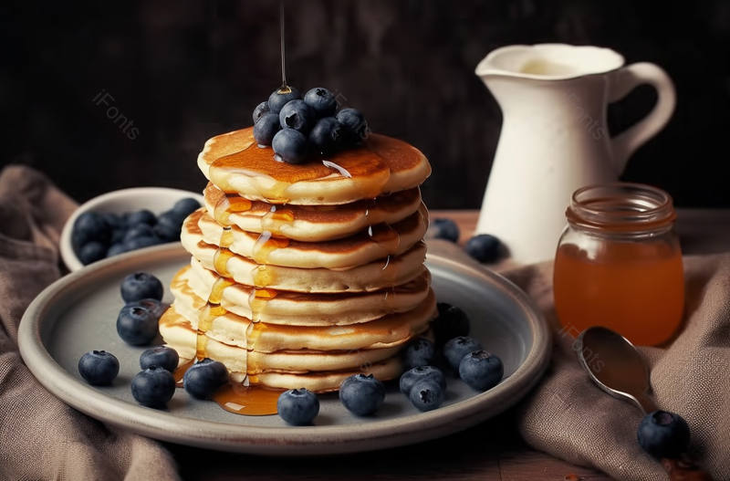 近距离的蜂蜜糖浆浇在蓝莓煎饼上莫斯科俄罗斯餐饮美食图像摄影,高清,摄影图,摄影图片,图片大全,摄影图免费下载